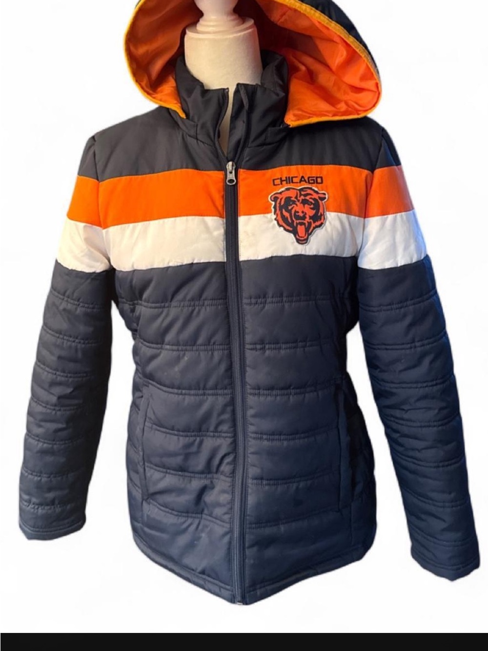 Women’s Hooded NFL Puffer Jacket - Navy, Orange & White
